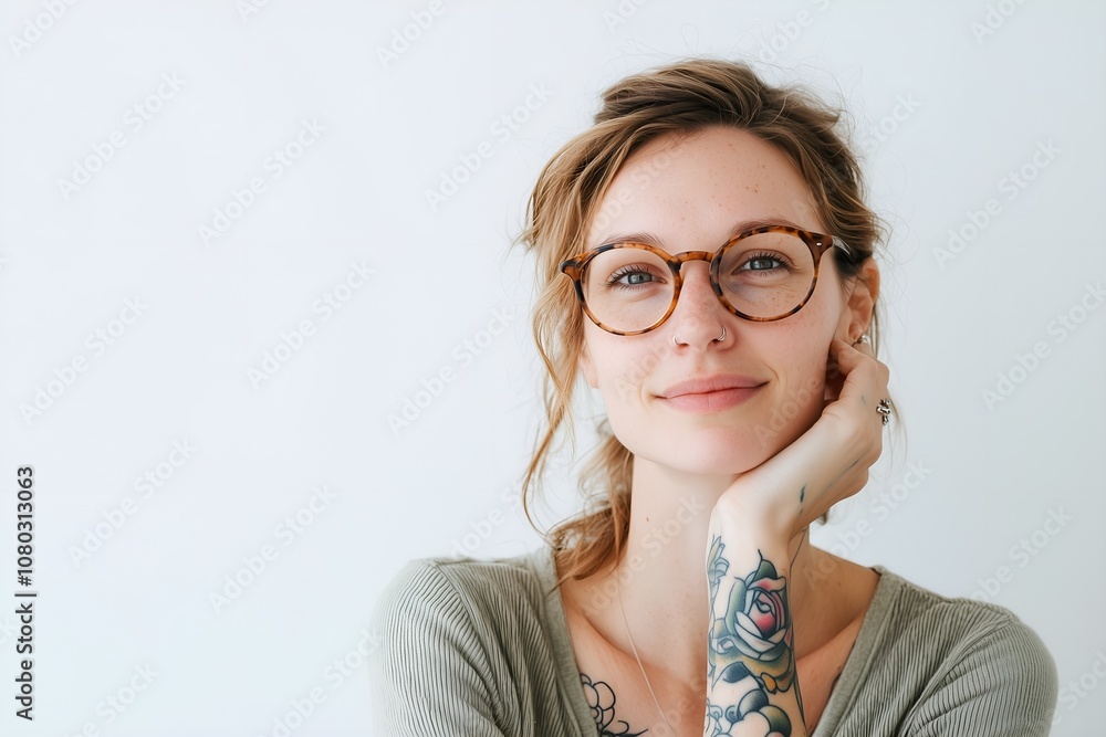 Portrait of a beautiful young tattooed girl with glasses smiling and looking at camera isolated on grey background.