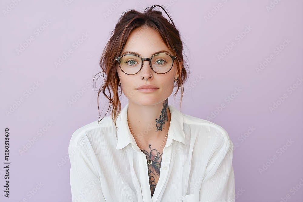 Portrait of a young smart business woman wearing white shirt. She is wearing glasses and has many tattoos. Front view, looking at camera. Isolated. Portrait of a young smart business woman wearing white shirt. She is wearing glasses and has many tattoos. Front view, looking at camera. Isolated.