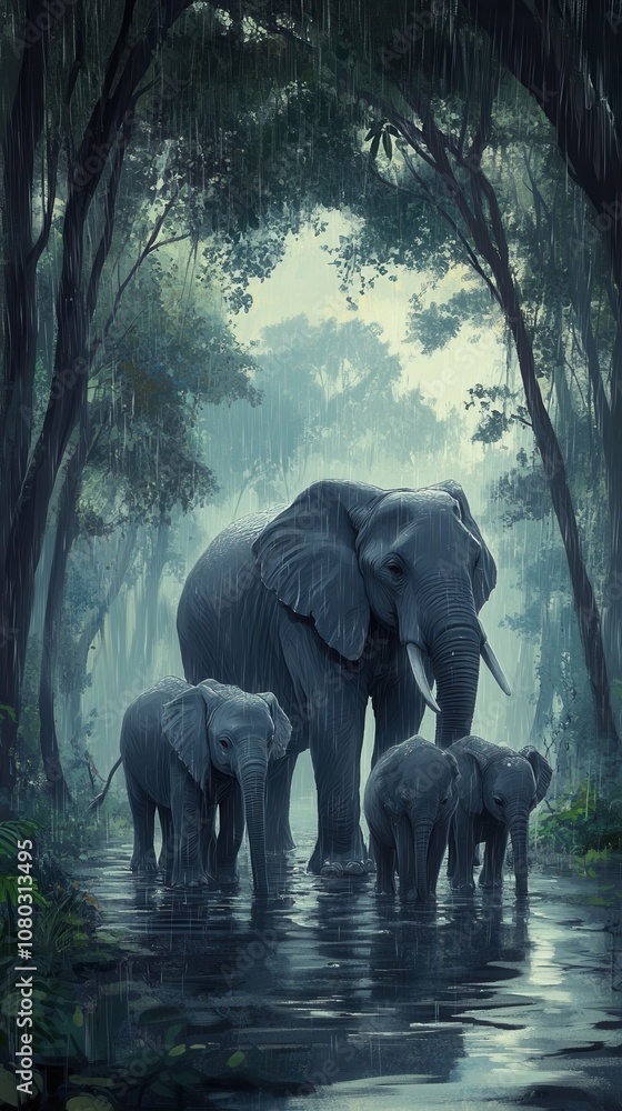 Fototapeta premium Wild Elephant Family in Misty Jungle Forest, Wildlife Portrait with Nature Elements