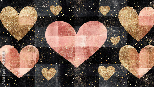 Abstract pattern with pink and golden hearts on a dark background photo