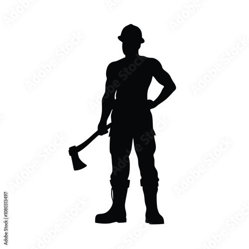 A man is holding an axe and standing in front of a white background. He is wearing a hard hat and safety glasses