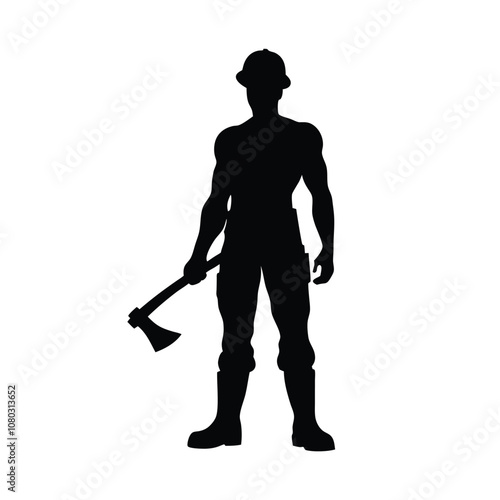 A man is holding an axe and standing in front of a white background. He is wearing a hard hat and safety glasses