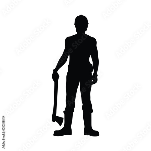 A man is holding an axe and standing in front of a white background. He is wearing a hard hat and safety glasses