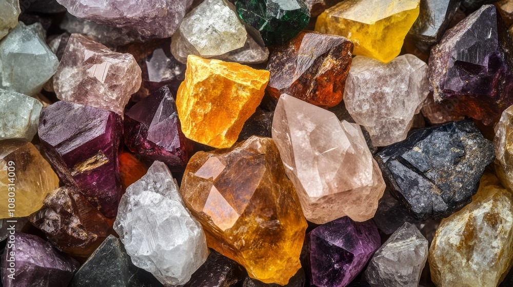 A pile of colorful rocks with a variety of colors including purple, yellow A pile of colorful rocks with a variety of colors including purple, yellow