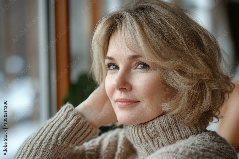 A woman sits in front of a window, lost in thought, with her hand resting on her head