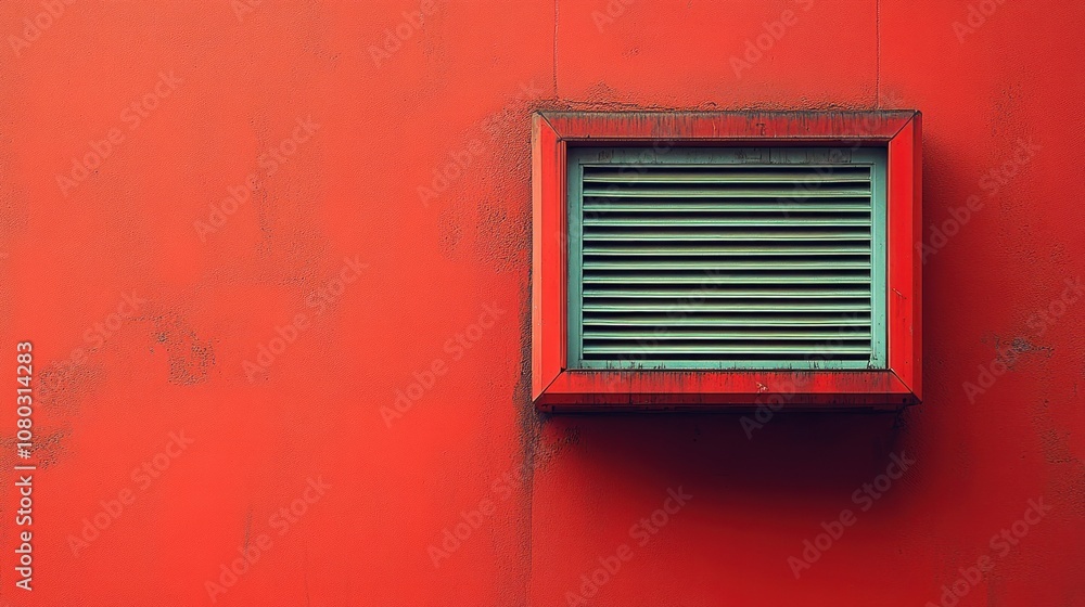Ventilation grate on a vibrant red wall, showcasing industrial design. Ventilation grate on a vibrant red wall, showcasing industrial design.