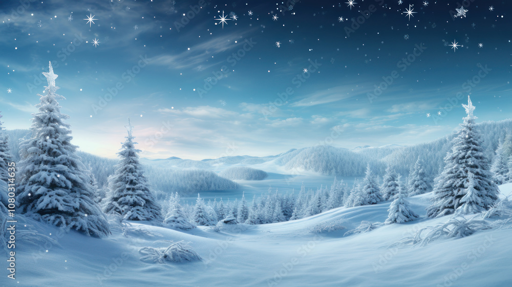 snow covered open winter landscape at snowfall, snowy trees with blue sky background snow covered open winter landscape at snowfall, snowy trees with blue sky background