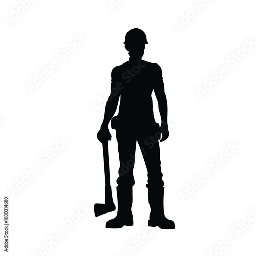 A man is holding an axe and standing in front of a white background. He is wearing a hard hat and safety glasses