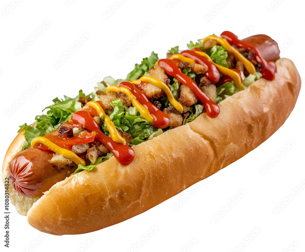 Hot dog food with mustard and ketchup, isolated on transparent background. Hot dog food with mustard and ketchup, isolated on transparent background.