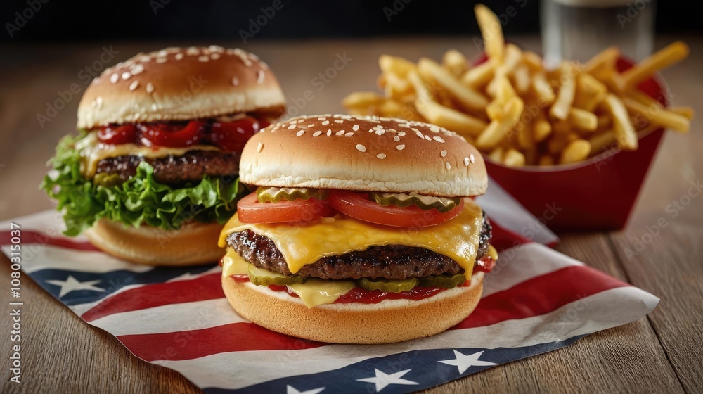 Two delicious burgers with fries on a rustic table with an American flag. Two delicious burgers with fries on a rustic table with an American flag.