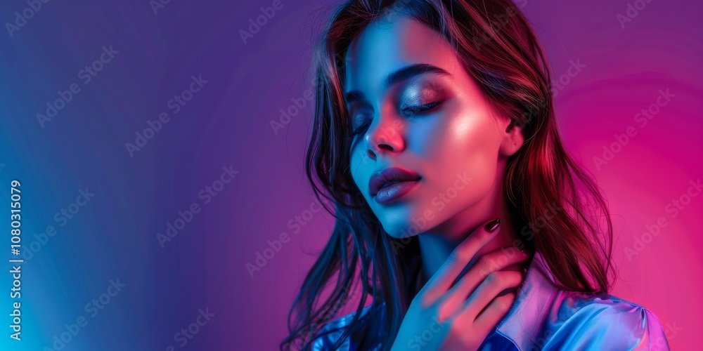 In a neonlit setting, a model exudes elegance, beauty, and creativity with closed eyes, creating a stylish, alluring, and glamorous atmosphere. Reflects modern, peaceful, and vibrant style In a neonlit setting, a model exudes elegance, beauty, and creativity with closed eyes, creating a stylish, alluring, and glamorous atmosphere. Reflects modern, peaceful, and vibrant style