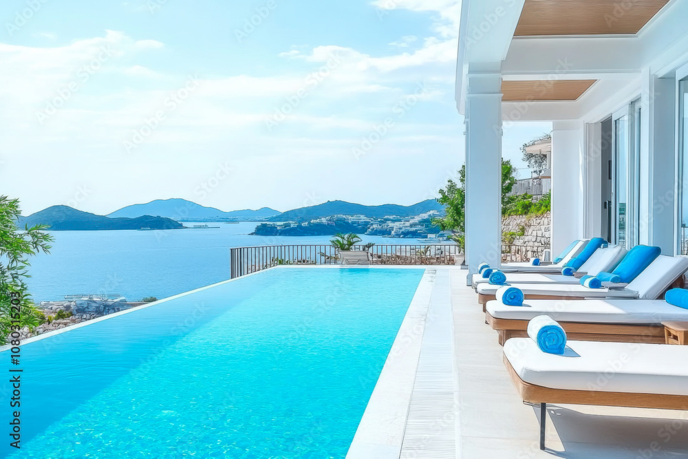 Fototapeta premium Terrace in villa with swimming pool clear blue water with stunning sea view and sky