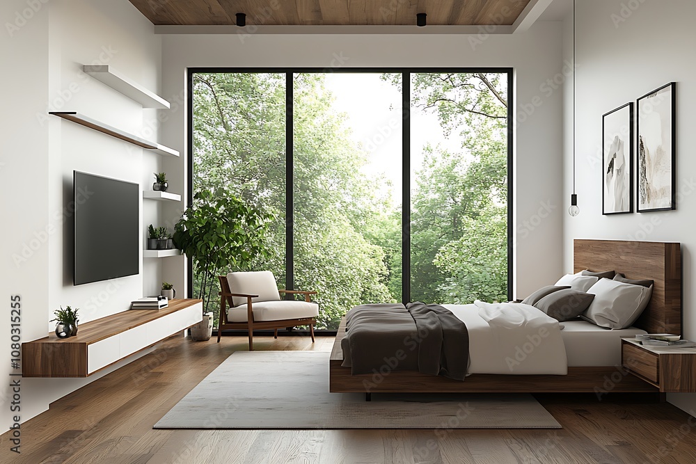 Fototapeta premium 3D Rendering of an Elegant Minimalist Bedroom with Ambient Lighting, and Modern Decor