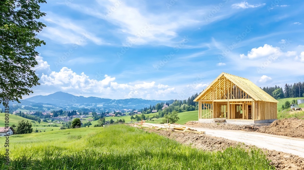 Rural Home Construction Site with Wooden Frame and Scenic Countryside Backdrop Rural Home Construction Site with Wooden Frame and Scenic Countryside Backdrop