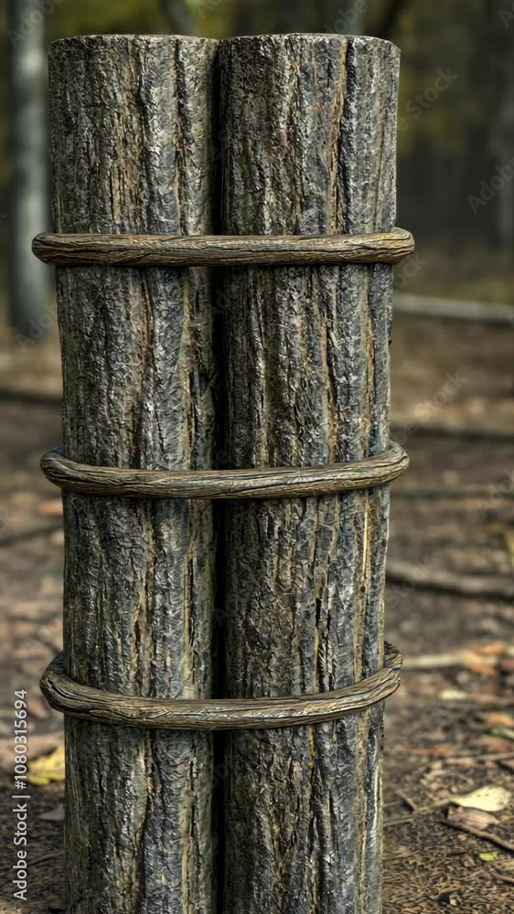 Two wooden posts are tied together with twine, creating a sturdy structure in a forest Two wooden posts are tied together with twine, creating a sturdy structure in a forest