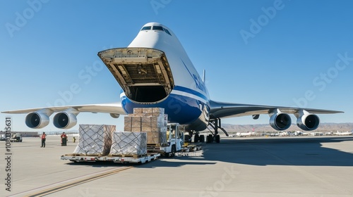 Large cargo plane being loaded with freight on a sunny day at a major airport, showcasing global logistics in action. photo