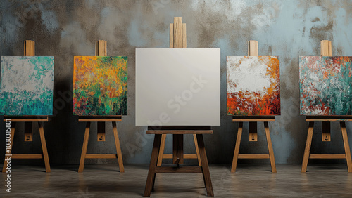 Art gallery with abstract paintings on easels and an empty canvas photo