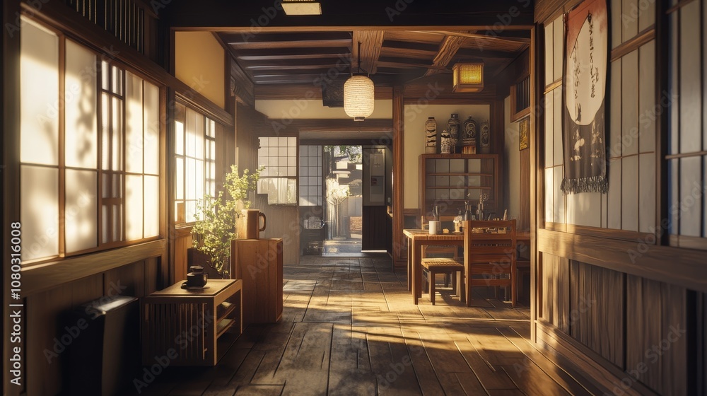 Cozy wooden Japanese house interior with warm sunlight streaming through sliding doors, highlighting traditional decor and peaceful ambiance. Cozy wooden Japanese house interior with warm sunlight streaming through sliding doors, highlighting traditional decor and peaceful ambiance.
