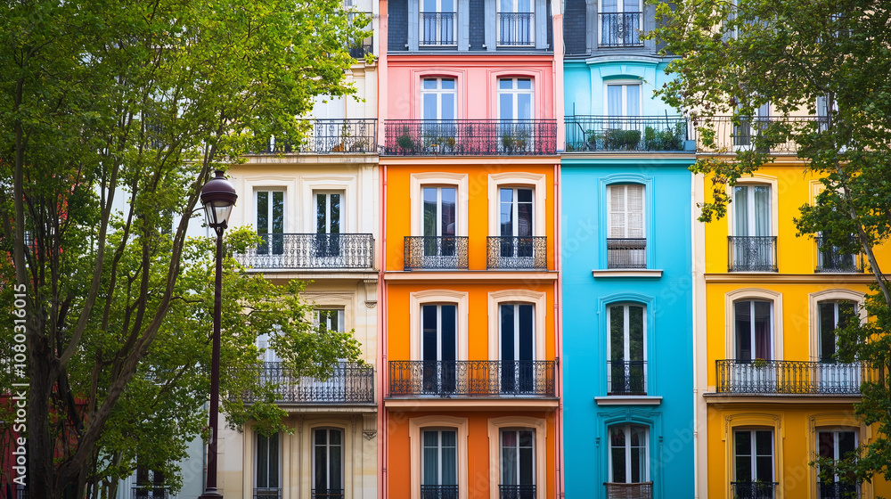 Naklejka premium Kolorowe budynki w szeregu z balkonami, przed którymi rosną drzewa, wprowadzają radosny akcent do przestrzeni miejskiej. 