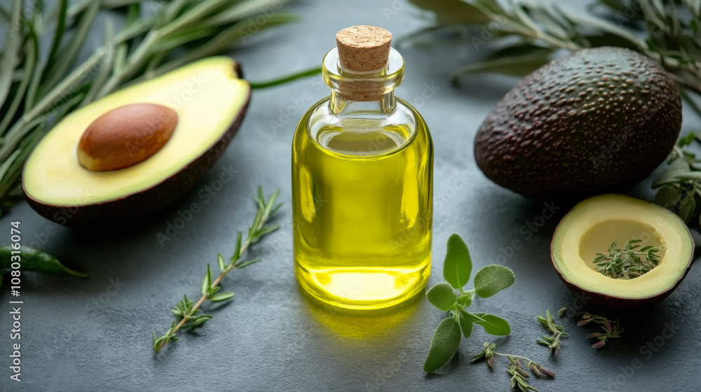 Bottles with essential oil, ripe fresh avocados and leaves on black wooden Bottles with essential oil, ripe fresh avocados and leaves on black wooden