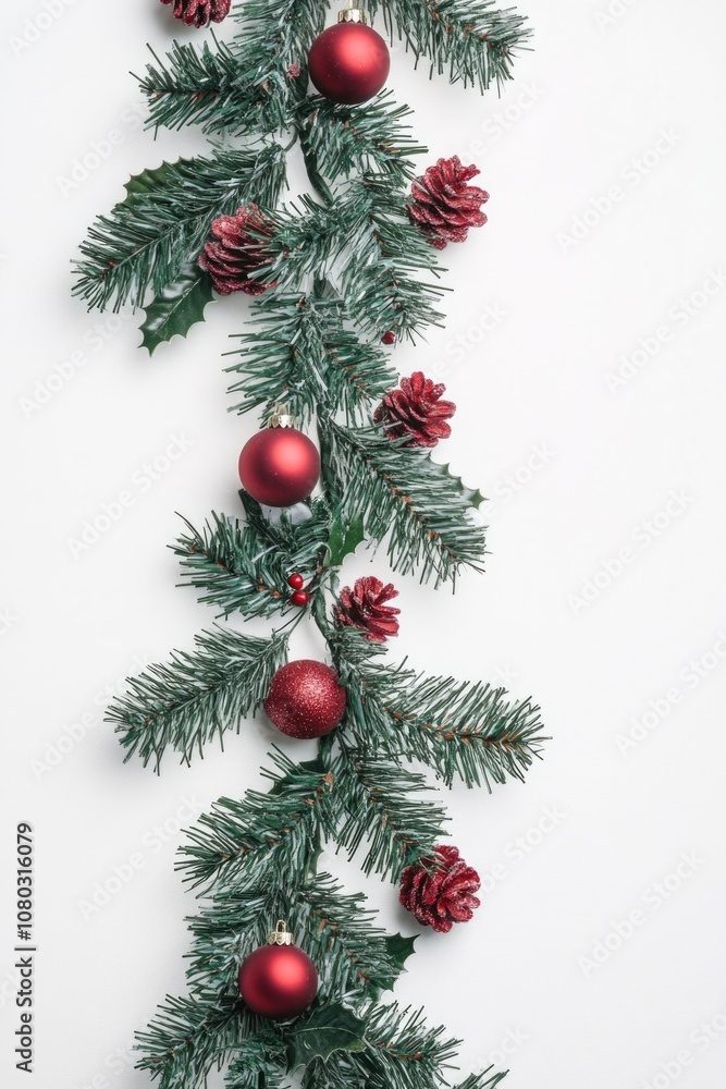 Decorative Christmas garland featuring red ornaments and pine cones Decorative Christmas garland featuring red ornaments and pine cones