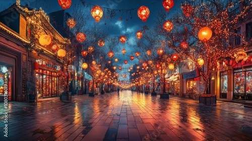 A beautifully lit street adorned with red lanterns and festive decorations, capturing the essence of a Lantern Festival evening. photo