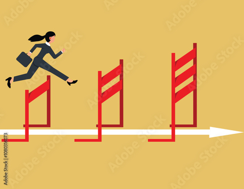 Overcoming obstacles and achieving the goal. ambitious businesswoman jump over hurdles to find higher obstacles.