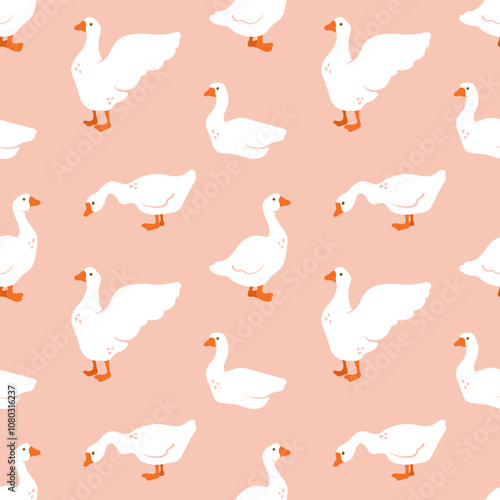 Seamless pattern with geese on peach background. Cute print with birds for fabric, wrapping paper, textile, wallpaper