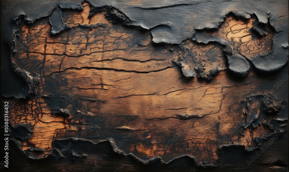 Fototapeta premium Textured background of burnt wood in shades of brown and black.