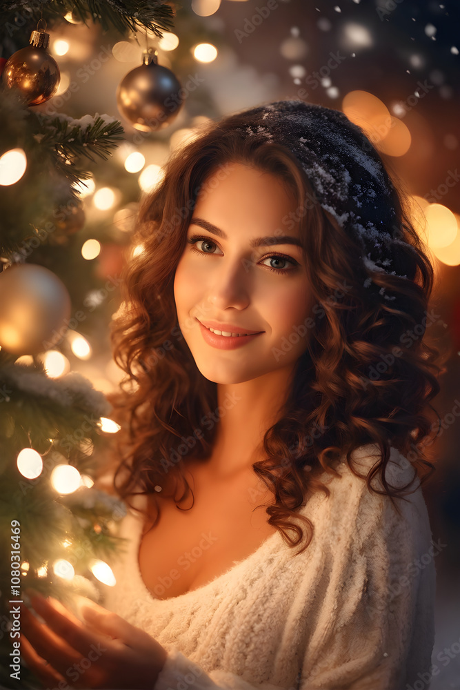 Young beautiful woman near elegant Christmas tree with gifts alone waiting for Christmas. Portrait of a beautiful girl New year's eve. Christmas interior in the background. Young and beautiful woman Young beautiful woman near elegant Christmas tree with gifts alone waiting for Christmas. Portrait of a beautiful girl New year's eve. Christmas interior in the background. Young and beautiful woman