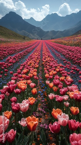 Vibrant tulip fields in full bloom, cascading colors, majestic mountains in the backdrop, a breathtaking floral landscape unfolding.