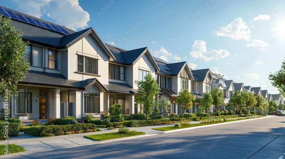 An expansive view of suburban houses equipped with solar technology roofing, capturing modern design, sustainability, and a peaceful residential atmosphere. An expansive view of suburban houses equipped with solar technology roofing, capturing modern design, sustainability, and a peaceful residential atmosphere.