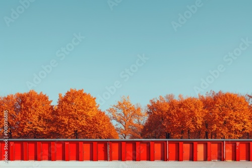 Rows of red storage units against a backdrop of green trees, suitable for urban or industrial themed designs photo