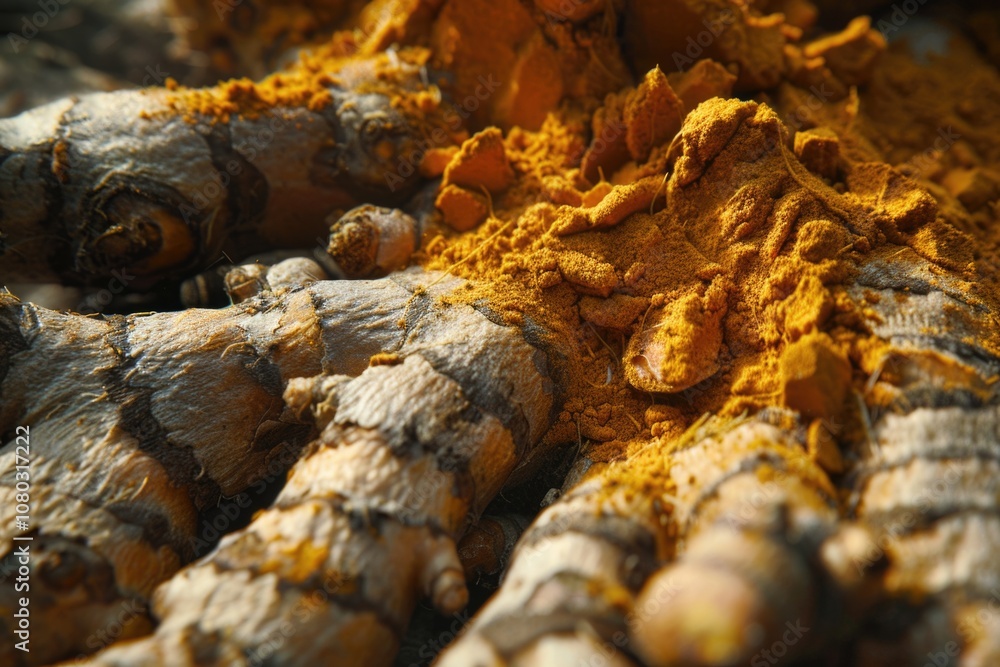 Turmeric roots in a close-up shot, ideal for recipes or herbalism uses Turmeric roots in a close-up shot, ideal for recipes or herbalism uses