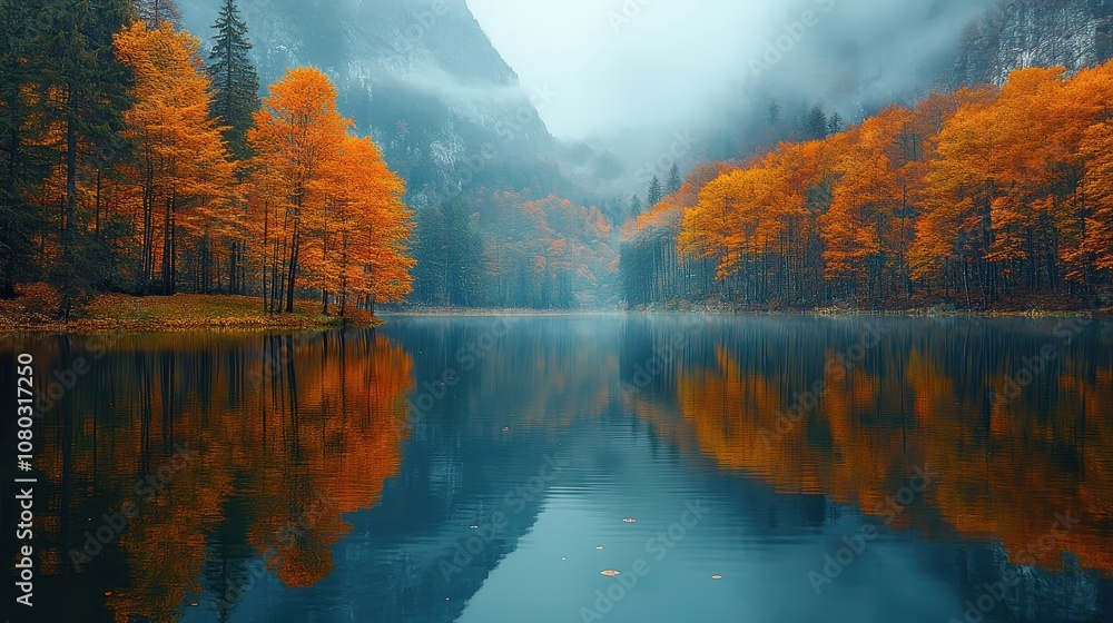 Fototapeta premium Tranquil Autumn Reflection, serene lake mirroring vibrant fall foliage, rich hues of orange and gold, peaceful natural landscape