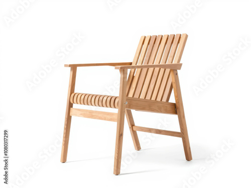 minimalist wooden chair with slatted design, perfect for modern decor. Its natural finish adds warmth to any space, making it stylish choice for indoor or outdoor use