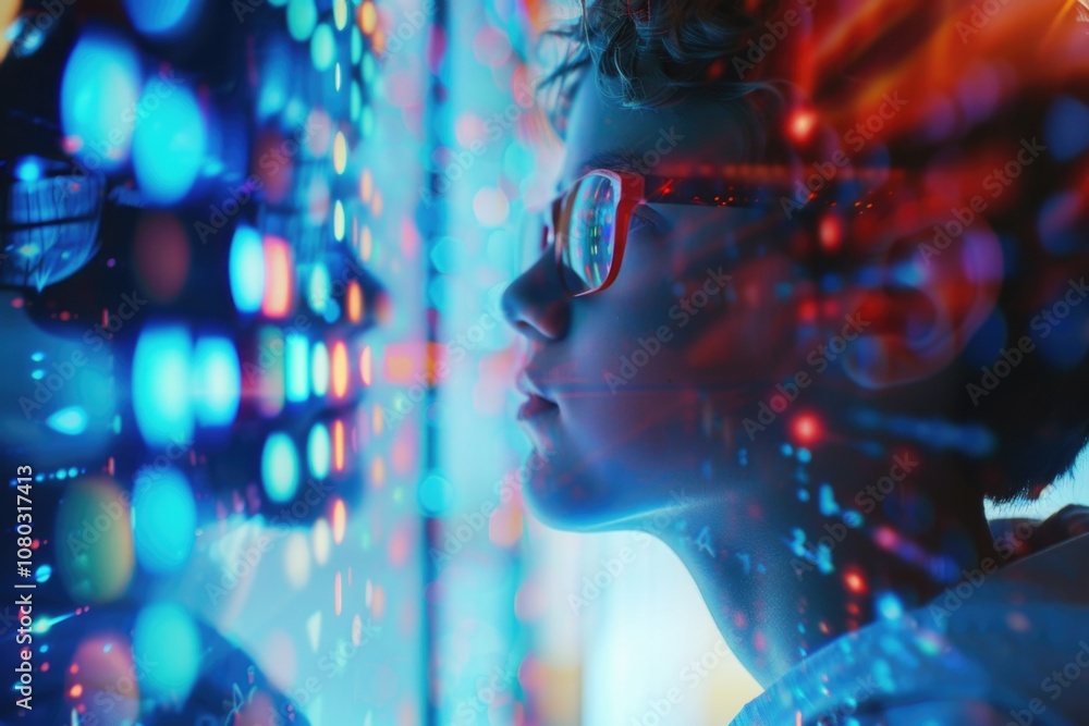 A woman wearing glasses looks closely at a wall of colorful lights, possibly analyzing or inspecting the display