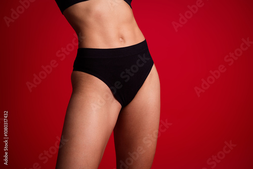 Cropped photo of wear black lingerie advertising comfort panties isolated red color background