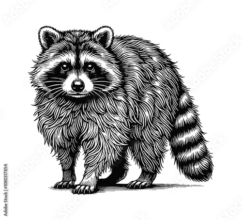 racoon engraving black and white outline