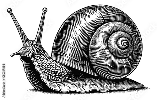 snail engraving black and white outline