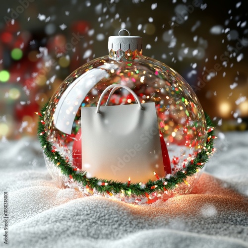 A clear glass Christmas ornament encapsulating a white paper gift bag adorned with a garland and multicolored lights, resting on a snow-covered surface indoors. photo