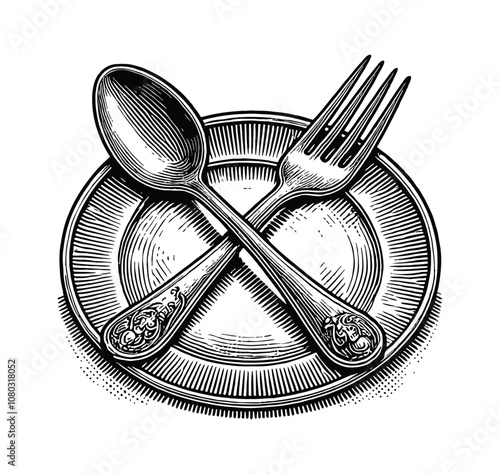 fork and spoon crossed over each other on a plate engraving black and white outline