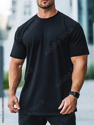 Close-up black cotton oversized t-shirt on the street of modern city. Clothing outdoor template photo