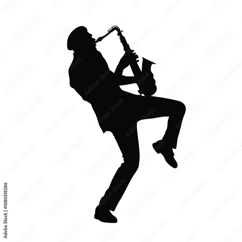 A man playing a saxophone. He is wearing a hat and is bending over. The saxophone is in his right hand