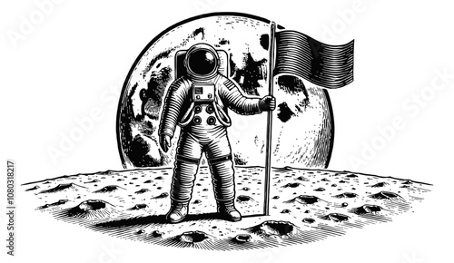 astronaut standing on a cratered moon surface holding flag engraving black and white outline