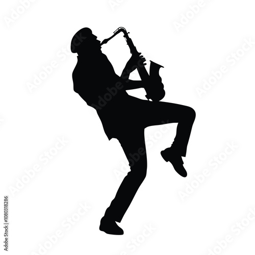 Obraz na płótnie A man playing a saxophone. He is wearing a hat and is bending over. The saxophone is in his right hand w salonie
