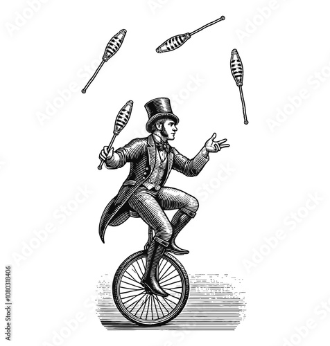 man juggling while riding a unicycle engraving black and white outline