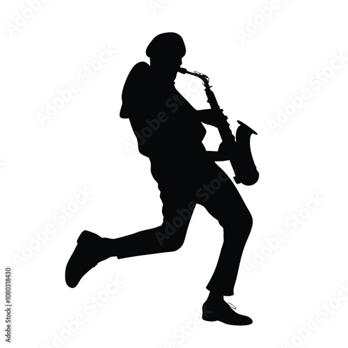 A man playing a saxophone. He is wearing a hat and is bending over. The saxophone is in his right hand