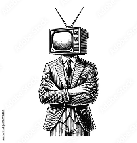 TV suit head man engraving black and white outline
