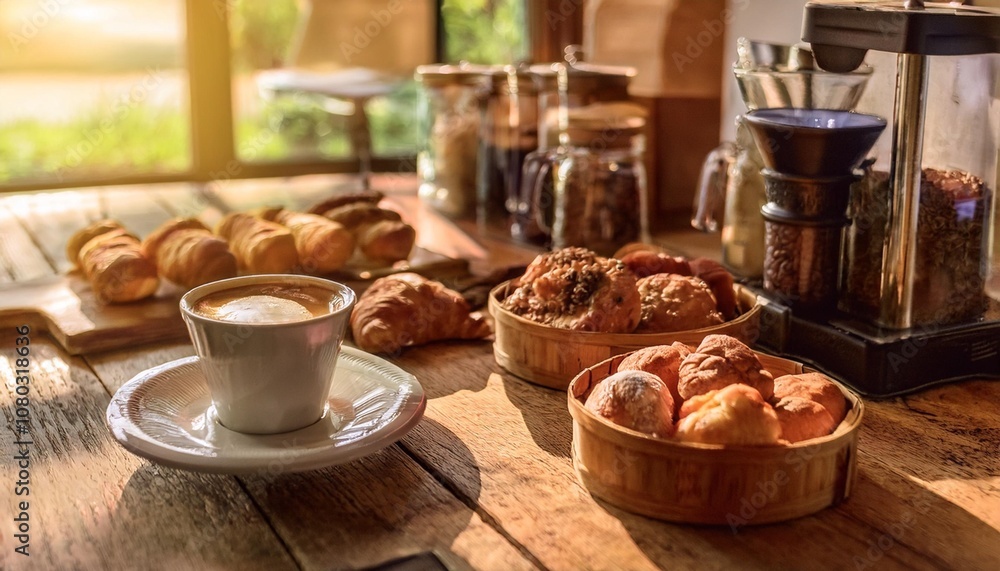 Rustic Coffee Bar Featuring a Freshly Brewed Espresso, Artisan Gluten-Free Pastries, and a Variety of Organic Condiments for a Cozy and Relaxing Morning Break Rustic Coffee Bar Featuring a Freshly Brewed Espresso, Artisan Gluten-Free Pastries, and a Variety of Organic Condiments for a Cozy and Relaxing Morning Break